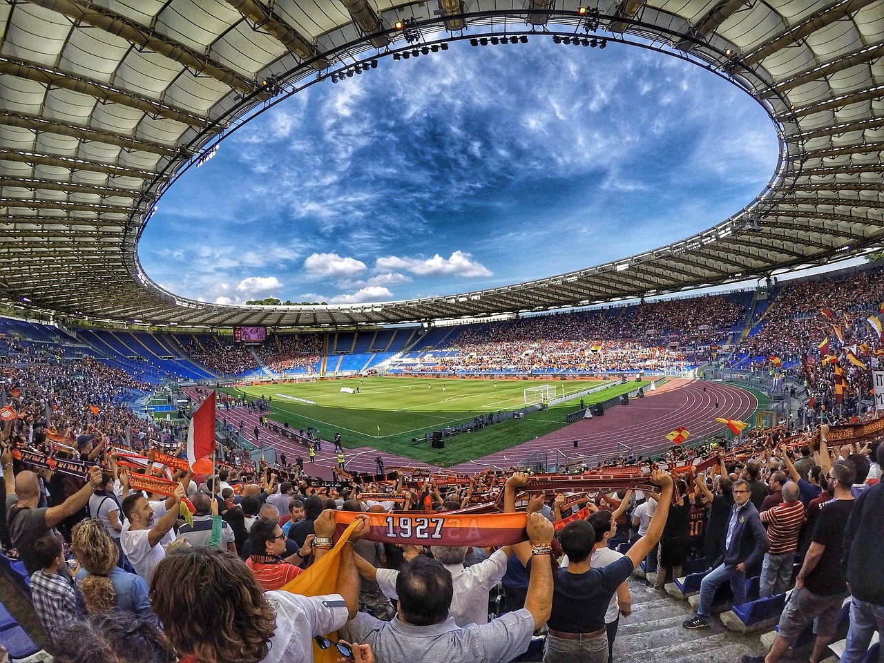 stadium, football, turf, rome, the olympic stadium, olympics, olimpico roma, lawn, gopro, fans, as roma, nature, the giallorossi, sky